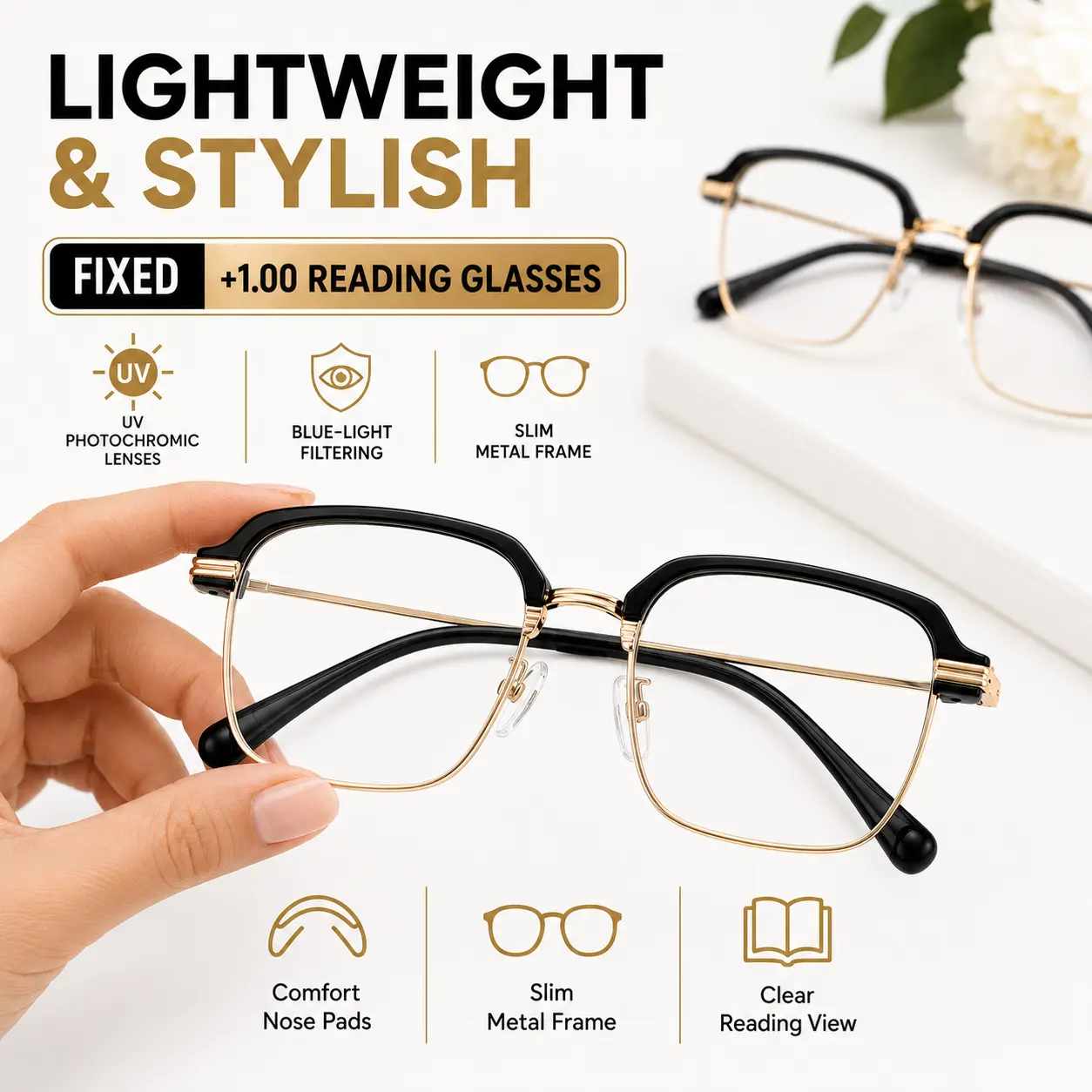 Fixed +1.00 Reading Glasses for Men & Women, Photochromic Blue Light Filtering Readers, UV-Activated Clear-to-Dark Lenses for Reading, Screens & Near Tasks