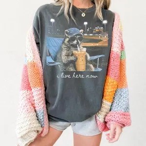 I Live Here Now Raccoon Iced Coffee Baseball Tee, Retro Graphic Shirt