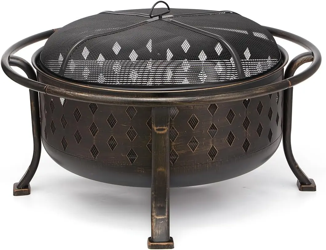 36-Inch Modern 2 in 1 Heavy-Duty Steel Fire Pit Set, Freestanding Anti-Rust Metal Firepit Stove with BBQ Grate, Diamond-Shaped Vents, Superior Circular Airflow, 20in Fire Poker, Holds 90lbs Wood for Patio Backyard