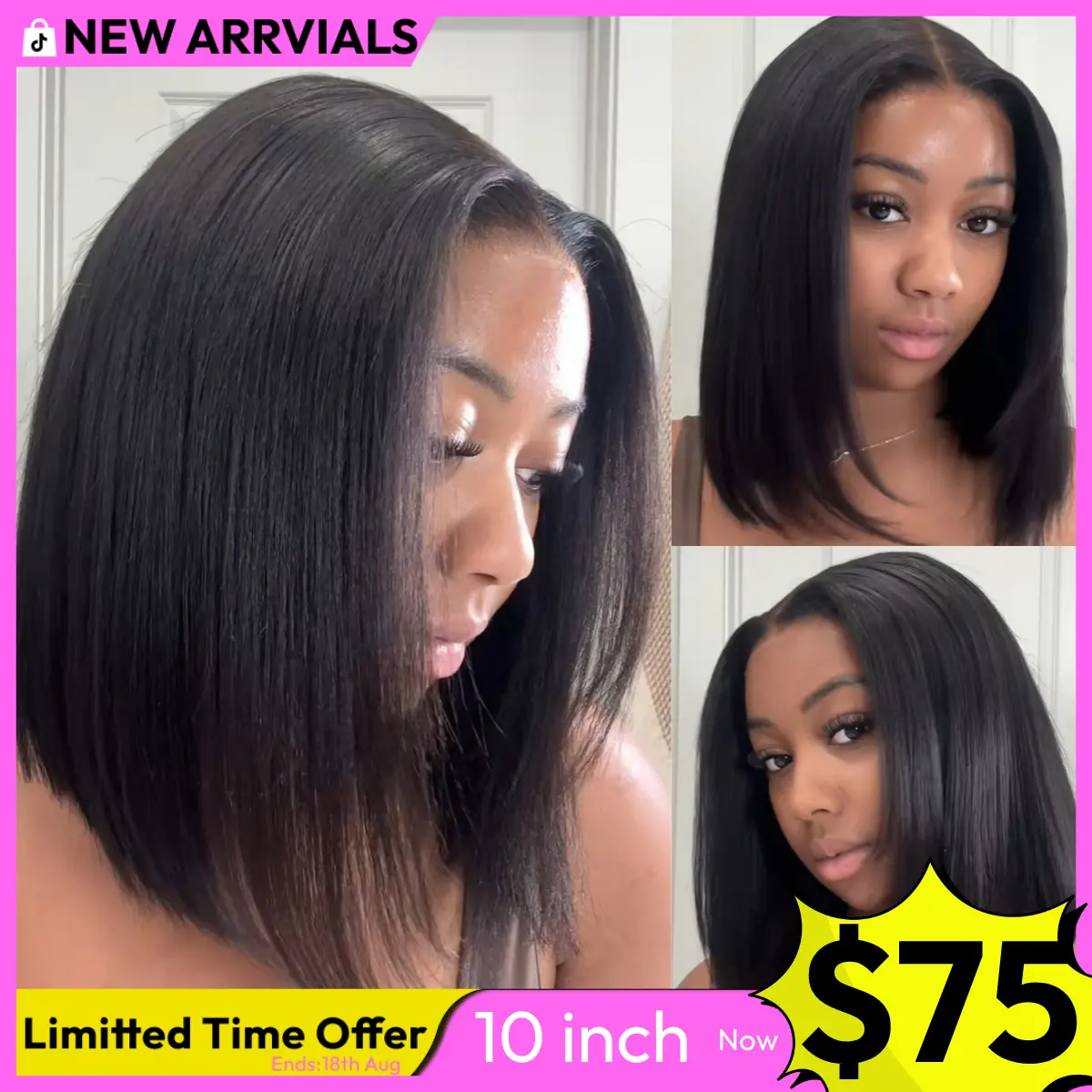 UNice Glueless Yaki Straight Short Bob Wig with Drawstring Pre-cut 7x5 HD Lace Human Hair Wigs with Bleached Knots Beginner Friendly Natural Hairline Summer Wig SummerArrvials