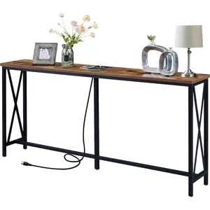 70 Inch Console Table with Outlets and USB-C Port, Extra Long Behind Couch Sofa Table with X-Shaped Design, Narrow for Entryway, Living Room, Metal Frame, Wooden Top, Rustic Brown