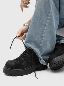 Men's Vintage Distressed Thick Sole Closed Derby Shoes, Matte Suede Laces Big Head Shoes, Gritty Height Increase Platform Work Shoes, Footwear