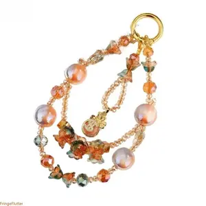 Luxury Dunhuang Inspired Beaded Phone Lanyard, Gold Plated Auspicious Good Luck Charm Keychain, Premium Crystal Beaded Strap Elegant Accessory for Bags Phones for Women