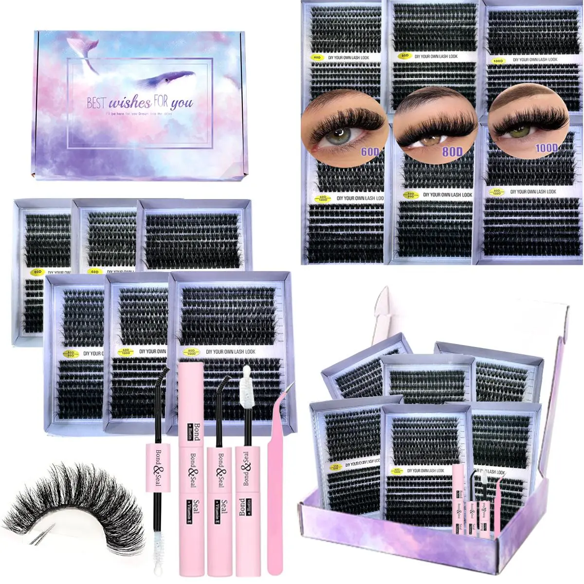 Mixed Length False Eyelashes Kit, 8 Counts/box Fluffy Curling Volumized Fake Eyelashes with Eyelash Glue & Tweezers, Professional Eye Makeup Accessories for Women, Cosmetic, Diy Eyelash Extensions, Volume Fluffy Lashes