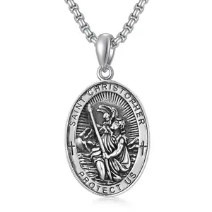S925 Sterling Silver Saint Christopher Sword Pendant Necklace for Men and Women with Engraved Words