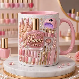 Nail Tech Mug 2D Printed 3D Effect Pink Manicure Coffee Cup, Personalized Name Gift for Nail Artist Manicurist, Premium Ceramic Mug for Beauty Professionals, Birthday Appreciation Gift Idea for Her Salon Owner Coworker