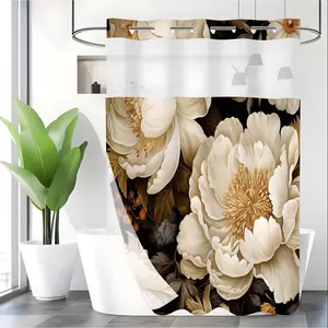 Floral Pattern Shower Curtain, Waterproof Shower Curtain with 12pcs Hooks, Bathroom Decor Supplies for Home Hotel Salon Dormitory, Bathroom Decoration Accessories