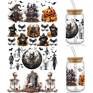 4 Sheets Halloween UV DTF Cup Wraps for 16 Oz Glass Cups Tumbler Waterproof Rub on Transfers Horror Stickers Cute Cartoon Crafts DIY Decor Decals Wrap - Black Pumpkin Witch Bat Cat Skull Castle