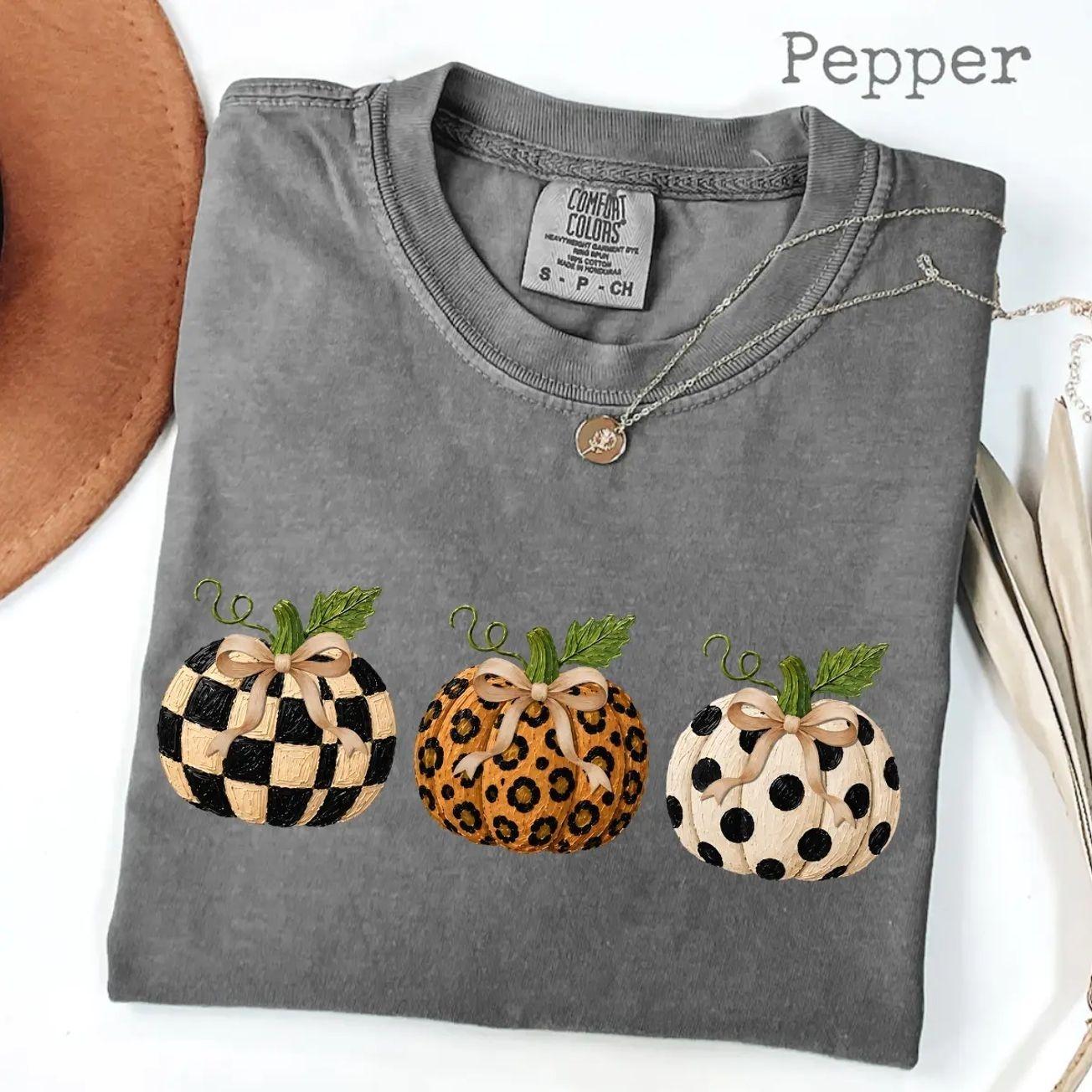 Comfort Colors Leopard Fall Bow Pumpkin Shirt, Preppy Floral Pumpkin Graphic Tee, Coquette Autumn T-Shirt, Striped Pumpkin Fall Apparel, Trending Halloween Graphic Tee, Comfortable Menswear & Womenswear Top, Perfect Gift For Men And Women, Aug11