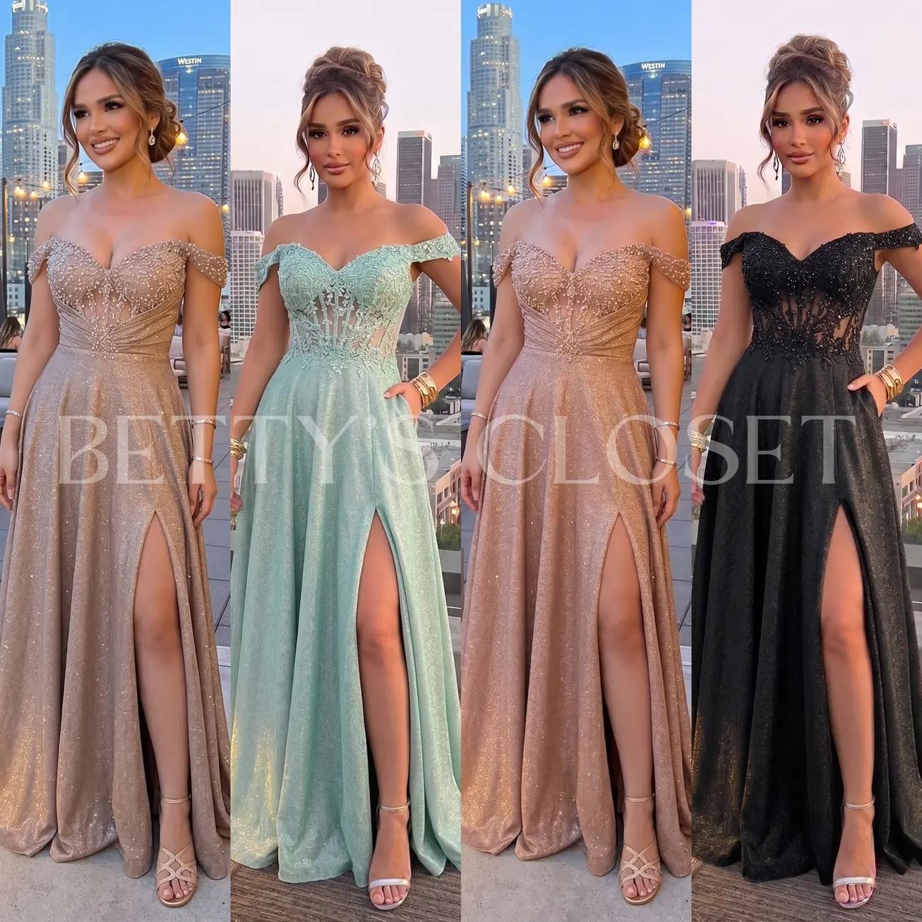 Damaris Off Shoulder A-Line Glitter Gown