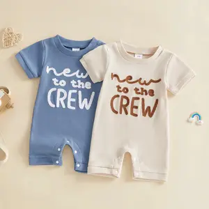 Babamoon Newborn Baby Boy Girls Summer Romper New to the Crew Embroidered Short Sleeve Jumpsuit Shorts Casual Waffle Clothes 0-12 Months