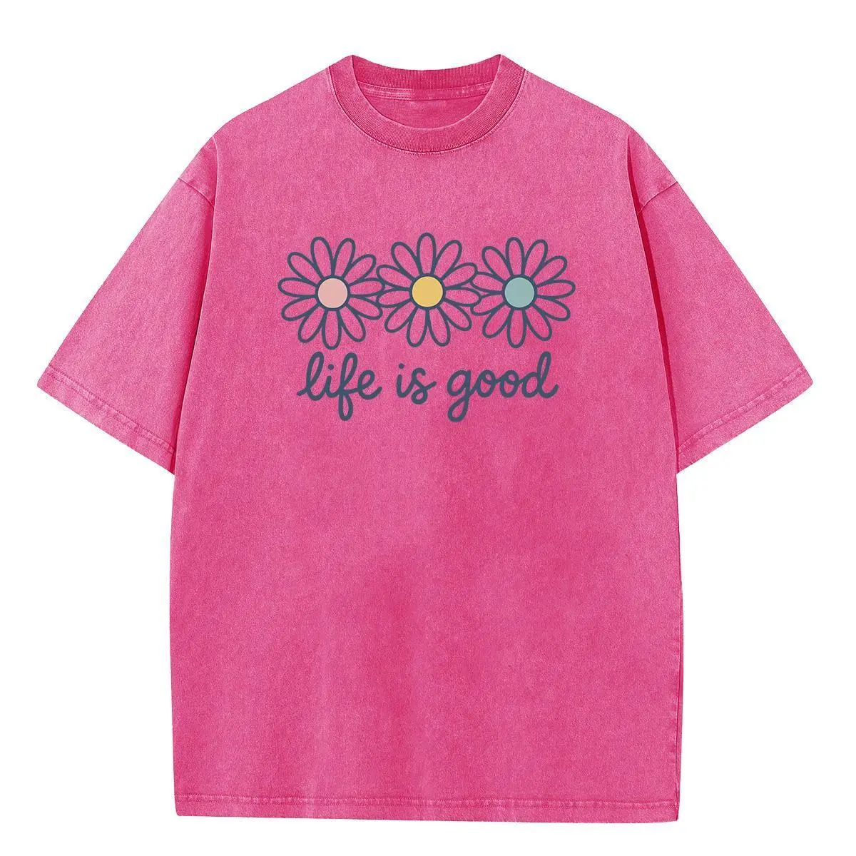 Men's Oversized Acid Wash Round Neck Casual Cotton Graphic T-Shirt - Drop Shoulder, Daisy Digital Print, Unisex Vintage Hip Hop Streetwear Top, Ideal for Christmas, Outdoor Fun, Fast Shipping, Tshirt, Oversized T Shirt