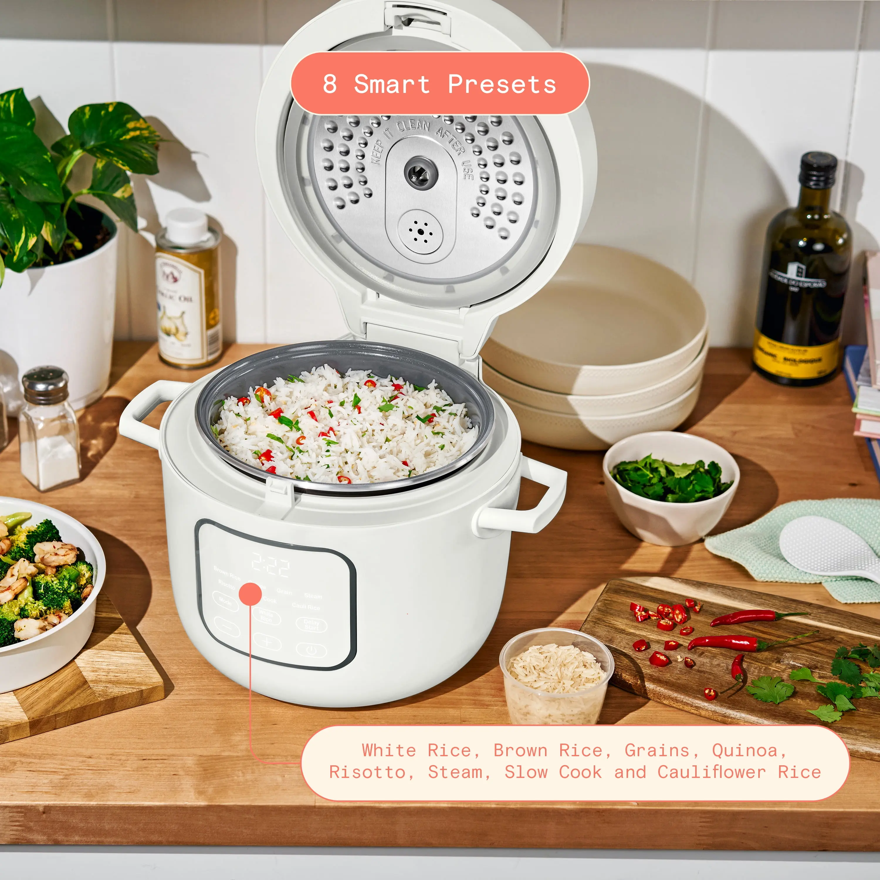 Beautiful 14-Cup Rice & Grain Cooker, EverGood Ceramic Nonstick Coating with 8 Smart Cooking Presets, Family Kitchen Appliance for Rice