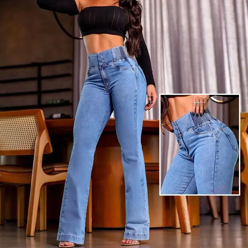 New2025Women's Back Shirred Button Front Jeans High Waist Pants with Pockets jeans for curvy woman, Comfort Comfortable Womenswear Denim Bottom