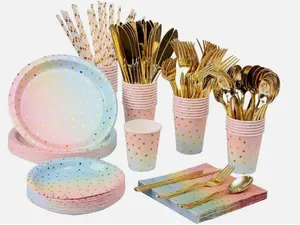 400 Pcs Rainbow Pastel Party Supplies Set, Disposable Paper Dinnerware Serves 50