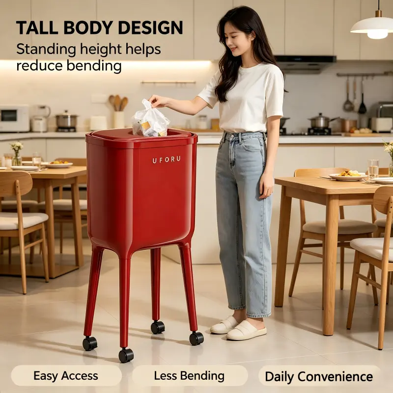16L Tall Slim Rolling Trash Can with Flip Lid, 360° Rotating Wheels, Elevated Red Odor-Blocking Garbage Bin, Trash Cans for Kitchen, Dining Room Use Large Capacity Countertop Composter Ultra Thick Outdoor Burn Barrel automatic leg support