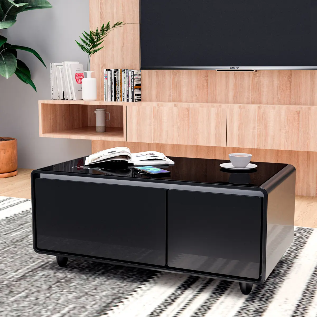 Black Modern Smart Coffee Table - Indoor Furniture Table with Built-in Fridge-Freezer Drawers, Bluetooth Speaker, Wireless Charging Pad, Touch Control Panel, USB Interface, Outlet Protection, Atmosphere Light for Living Room Decor