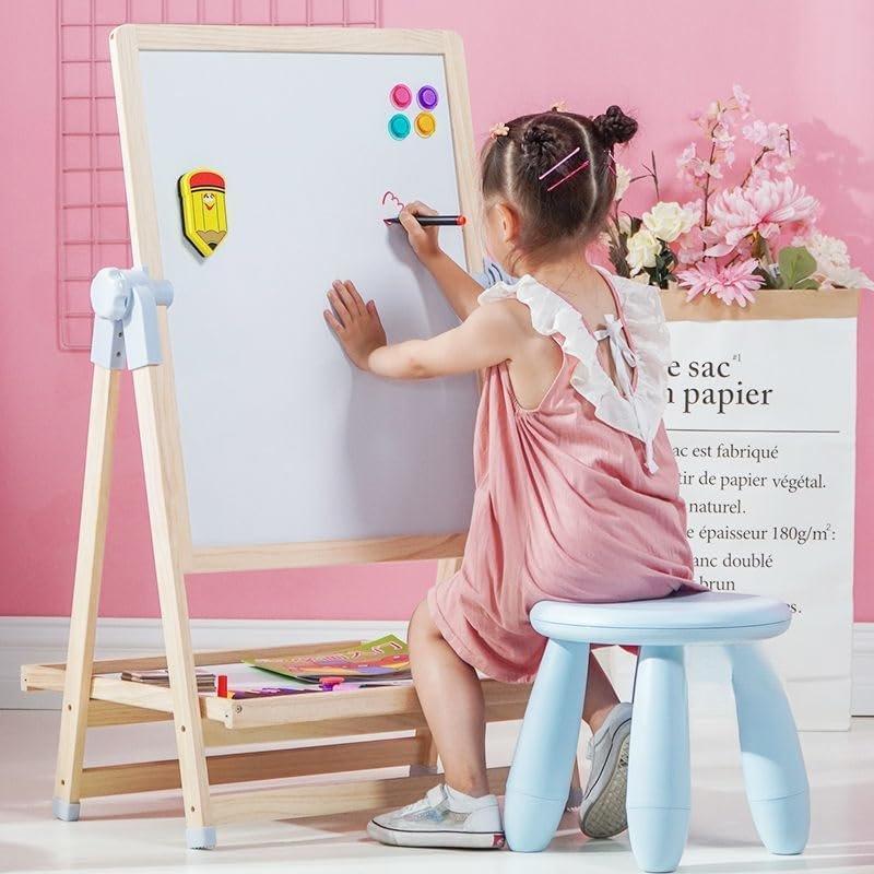 ADENA MONTESSORI 2-in-1 Adjustable Wooden Standing Art Easel & Toys Table for Kids 3-8 Years Old - Dual-Sided Magnetic Design with Storage Shelf & Accessories for Creative Play and Learning