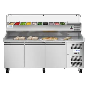 79 in. Three-Door Commercial Refrigerated Granite Top Pizza Prep Station With a Refrigerated Stainless-Steel Condiment Pan Holder