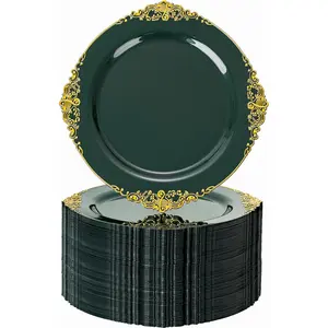 Nervure 100Pcs Green and Gold Plastic Plates - 7.5inch Green Disposable Plates - Heavyweight Gold Plastic Plate - Dessert Plate for Wedding & Party