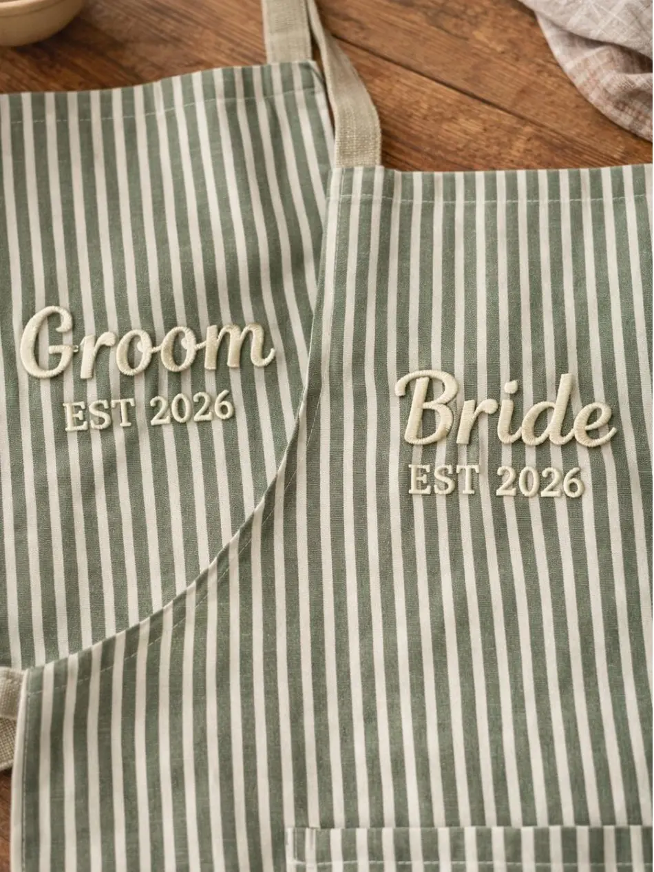 Personalized Bride & Groom Apron Set | Custom Embroidered Wedding Couples Aprons