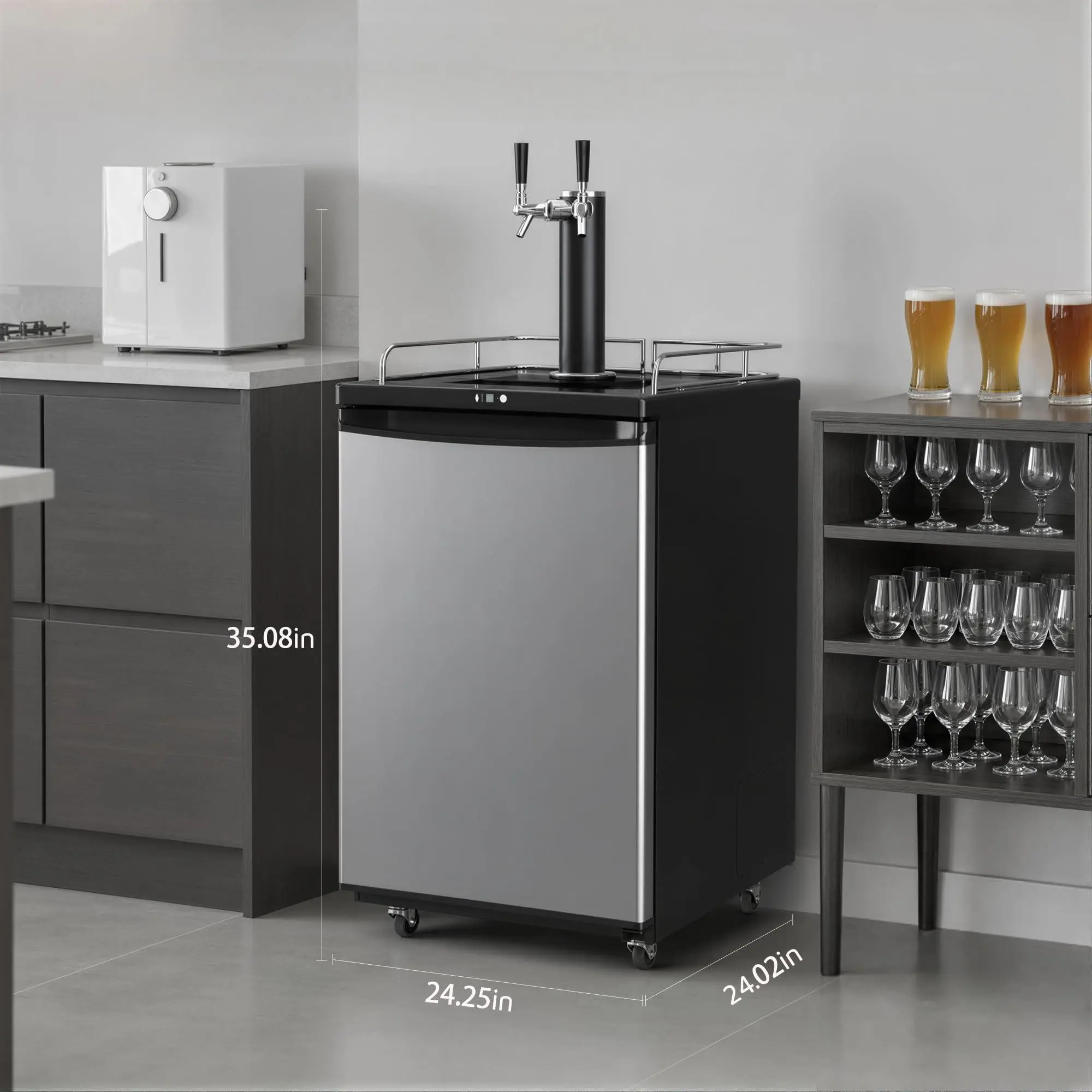 Garvee Dual Tap Kegerator Beer Dispenser 152L 5.4cuft 2-in-1 Draft Beer Keg Refrigerator, Air Cooling System, 32-75.2°F Adjustable Temp, Lockable Casters for Home Bar Indoor Party