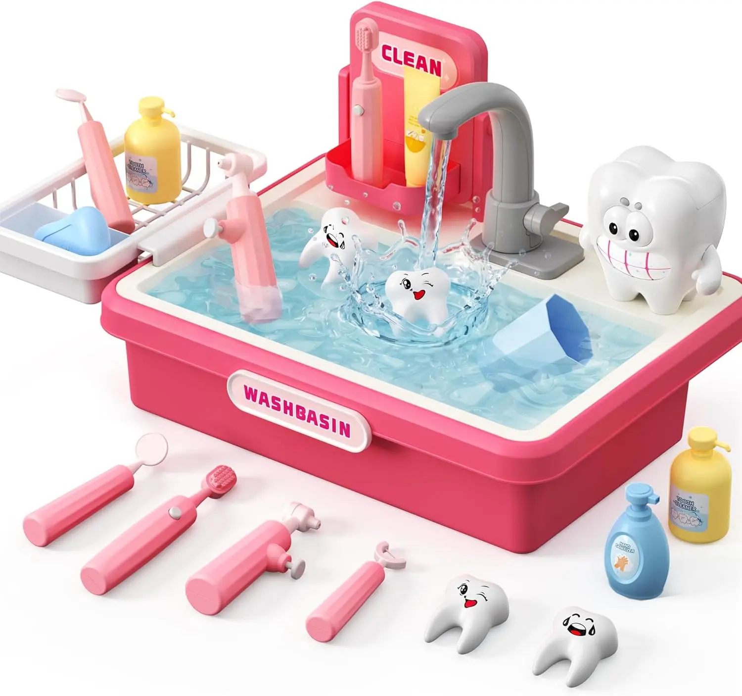 Play Sink with Running Water, Play Sink Toys with Electric Faucet, Play Kitchen Accessories Automatic Water Cycle System, Pretend Play Toys for Boys Girls, Practice Cleaning(Pink) summervibes☀️