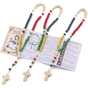 3 sets of Multicolor Wood Beads Rosary Saint Prayer Nativity Cord Rosaries with Holy Card