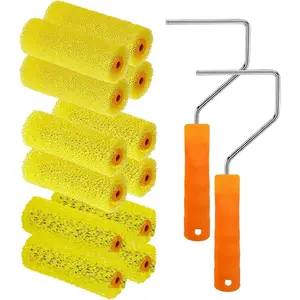 12 Pcs Textured Paint Roller Covers Set with 2 Frames, 4 Inch 3 Textures Foam Drywall Texture Paint Rollers for Art Painting, House Walls and Ceilings