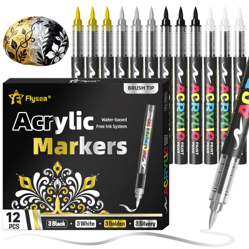 12 Pcs Premium Paint Pens Acrylic Markers - Black, White, Gold, Silver,Soft Brush Tip Water Based Marker Pens for Rock Painting, Wood, Ceramic, Glass, Acrylic Paint Markers for Egg Pumpkin