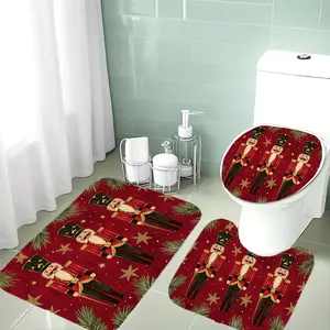 Christmas Bathroom Rug Set, Nutcracker Soldier Design, Gold Stars & Branches, Soft Flannel Material, Non-Slip Bath Mat