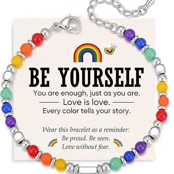 Rainbow Beaded Bracelet, Adjustable Stainless Steel Jewelry for Women & Men, Casual Pride Symbol Gift with Card, Adjustable Bracelet