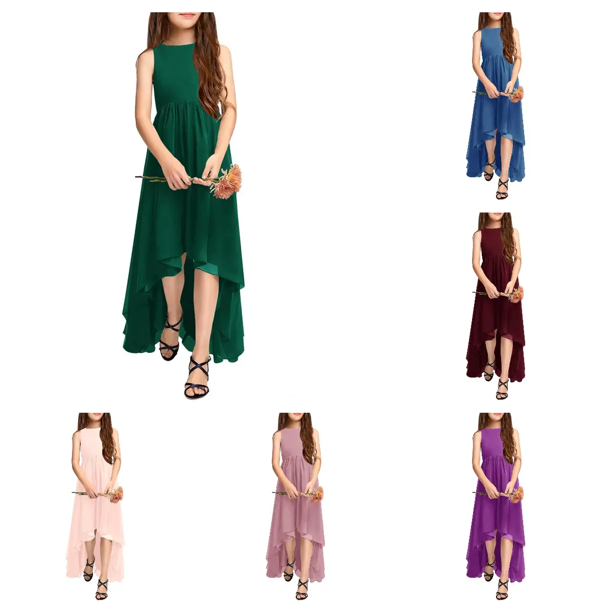 【5-14 Years】Haloumoning Girls Semi Formal Dress Kids Cute A-Line Crewneck Long Chiffon Wedding Prom Party Gowns