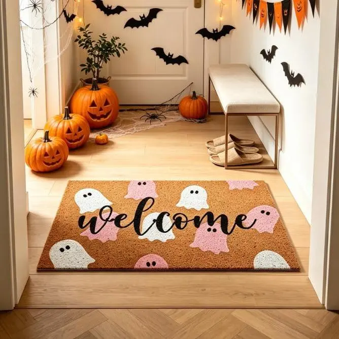 Halloween Ghost Print Non-Slip PVC Door Mat - 1-Piece Front Porch Decor for Entryway, Indoor Use (Pink White)