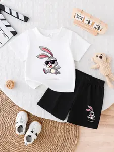 Baby Boys Spring Summer New Short Sleeve Shorts Set, Rabbit Cartoon Print Round Neck T-Shirt, Casual Loose Fit, High Waist, Outdoor Play, Toddler Outfit, Baby Clothing