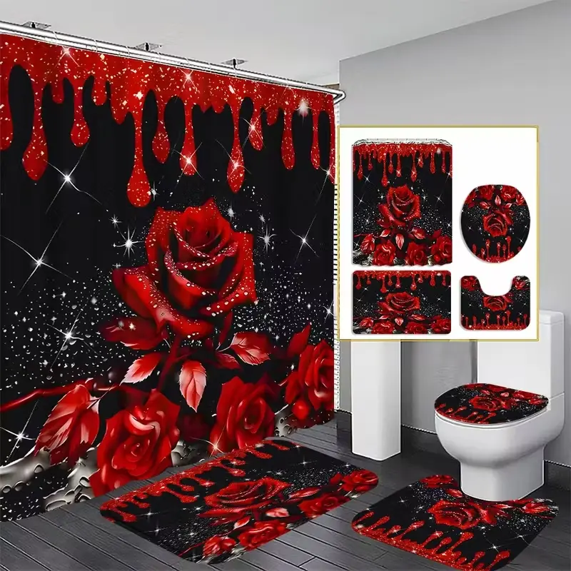 1/4pcs rose-themed shower curtain set, festive design, Bathroom decoration accessories, includes a non-slip mat, U-shaped rug, and toilet seat cover, perfect for bathroom décor, beautifying the space, comes with 12 shower curtain hooks