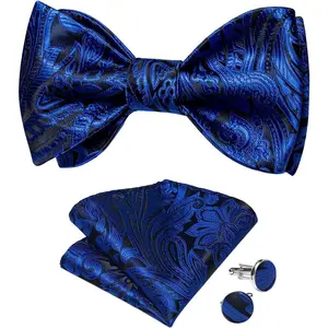 Mens Silk Self Bow Ties,Woven Solid Striped Paisley Bowtie and Pocket Square Cufflinks Set for Men Tuxedo Wedding