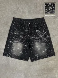 High Waist Rhinestone Embroidered Casual Denim Shorts, Letter Embroidery for All Seasons, Stylish Loose-Fitting Streetwear, Rhinestone Details, Casual Fashion Shorts, Casual Relaxed Shorts