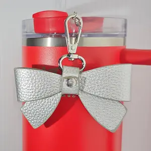 Luxury Faux Leather Ribbon Bow Beaded Tumbler Charm - Silver