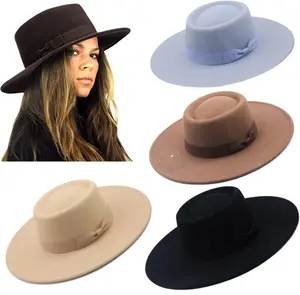 Wide Brim with Band Boater Hat -Polyester/cotton Material, Classic Style solid color