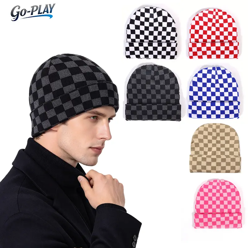 Unisex Checkerboard Knit Beanie, Y2K Jacquard Cuffed Skull Cap, Warm Stretchy Winter Hat for Men & Women, Retro Streetwear Headwear for Skateboarding, Running, Basketball, Travel & Outdoor Wear
