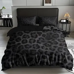2/3 Pcs Leopard Print Black Fabric Quilt Cover Set,Soft,Breathable 100% Polyester Fiber,Soft High-Definition Digital Printing,Suitable For All Year Round!Perfect Gift,Suitable For Family,Machine Washable(1 Duvet Cover+1/2 Pillowcase,No Filling)