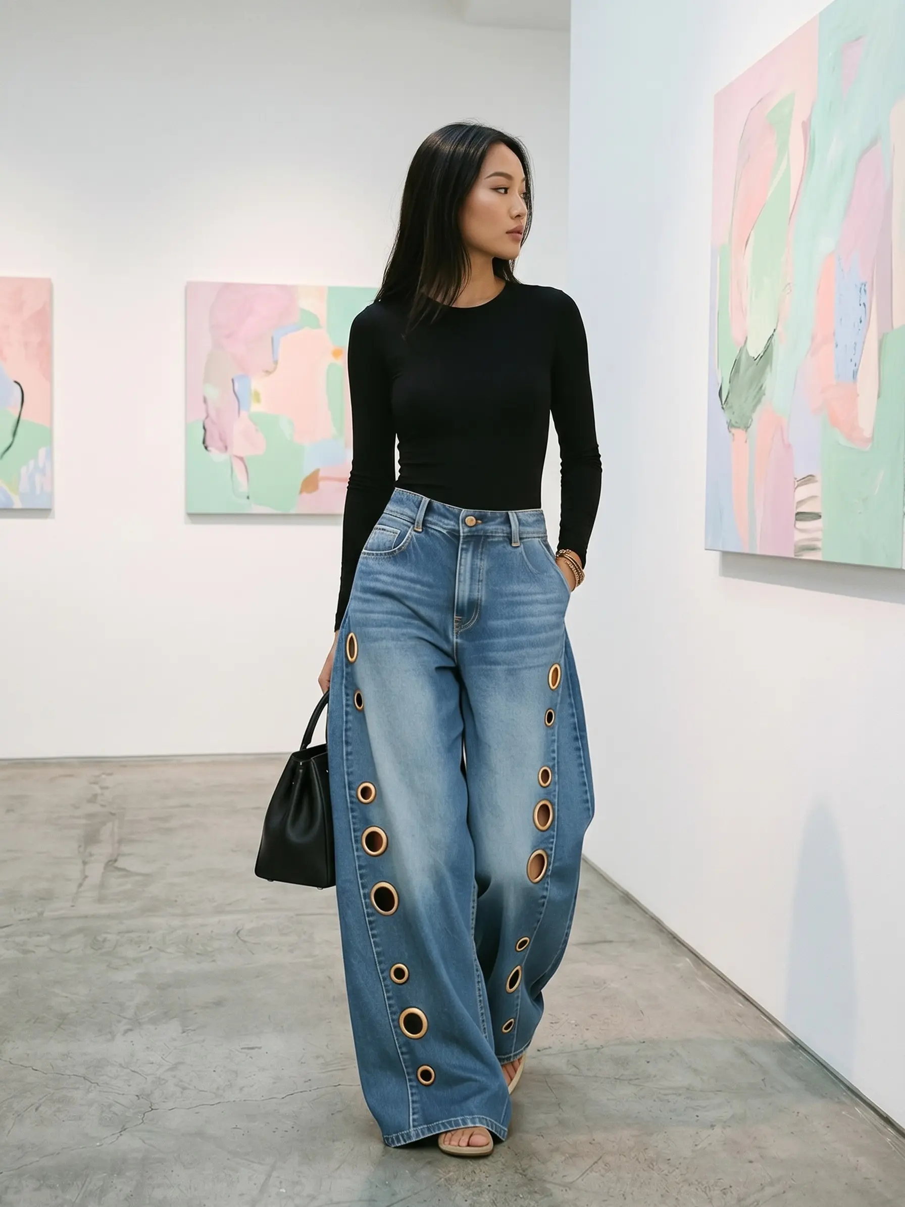 Women's High-Waisted Wide-Leg Denim Jeans - Streetwear Fashion Chic Baggy Bottoms with Soft Fabric, Decorative Eyelet Cutouts, Retro Fit, Casual Outdoor Jeans for Women