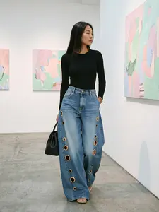Women's High-Waisted Wide-Leg Denim Jeans - Lady's Casual Outdoor Loose Bottoms with Soft Fabric, Decorative Eyelet Cutouts, Retro Fit