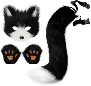 Faux Fur Fox Tail Cat Wolf Set Plush Mask Fluffy Paw Gloves Halloween Christmas Party for WomenGift.