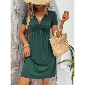 Twist Front V-neck Dress, Elegant Short Sleeve A- line Dress, and, Women's Clothing