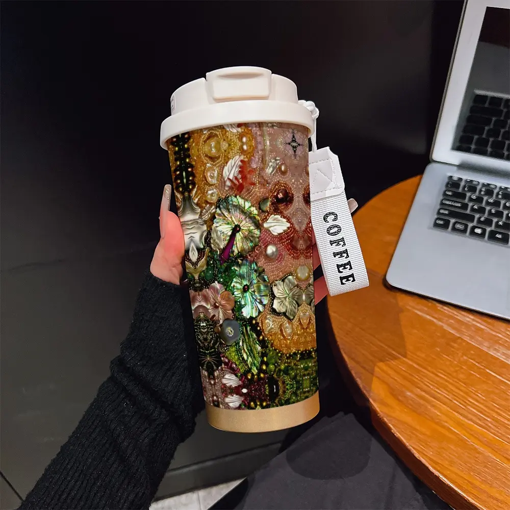 530ML Insulated Tumbler, Boho Style Abstract Pattern, Stainless Steel, Travel Mug with Straw and Strap, Ideal Gift for Holidays