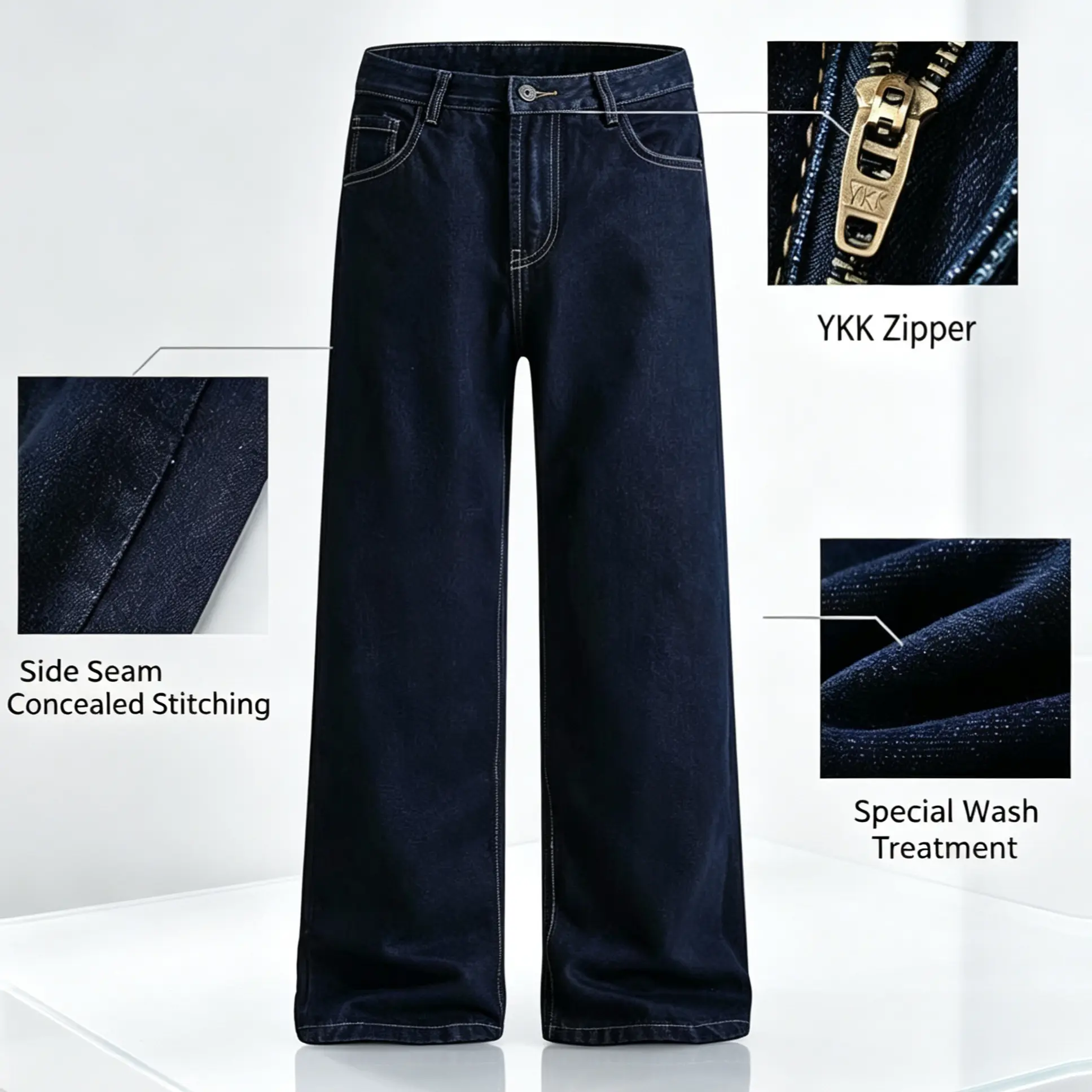 Men’s non-stretch jeans with detailed wash and slightly expanded cut in original color; solid-color men’s long pants—blue raw-denim flared straight-leg jeans with a classic loose fit; non-stretch denim fabric for menswear; washed distressed look with a lo