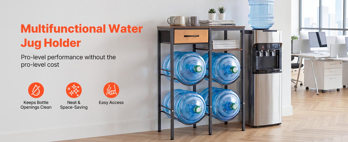 【summerfinds】VEVOR Water Jug Holder, 4 Tiers Double Rows 3 and 5 Gallon Water Bottle Holder for 4 Bottles, Heavy Duty Jug Rack Organizer with Storage Shelf and Drawer, for Kitchen, Living Room, Black and Brown