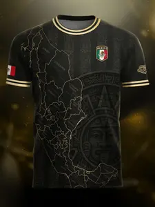 Mexico Gold Map Aztec Calendar Heritage Soccer Jersey, Long Fitted Sporty Style, All Seasons Wear, Ethnic Striped Design, Soccer Shirt